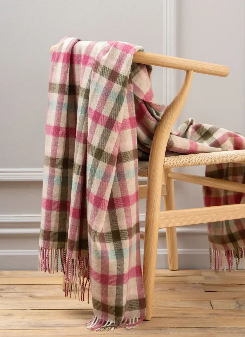Pink Khaki Plaid Merino Wool Throw